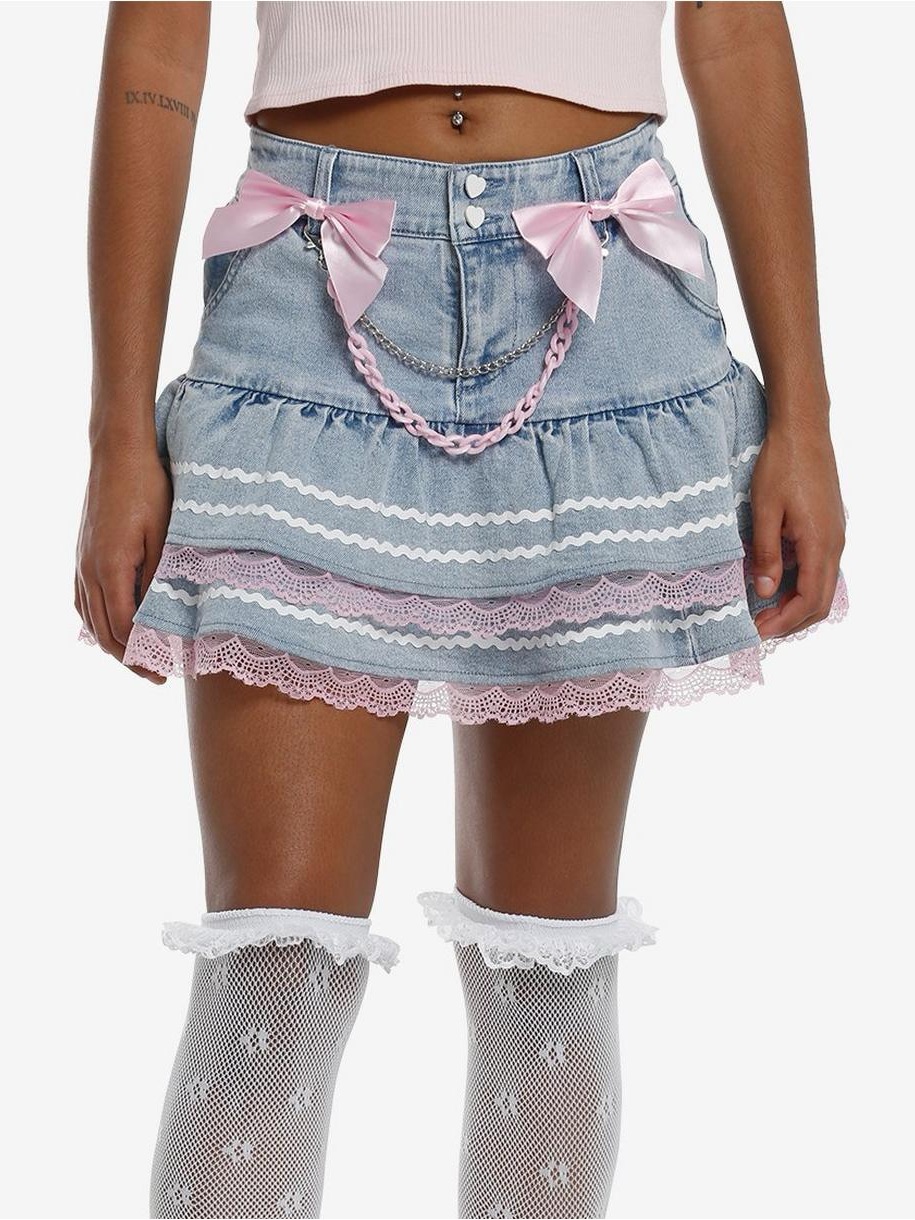 Sweet Society Hot Topic (Nwt) Light Blue Denim Pink Bow Ruffle Mini Skirt